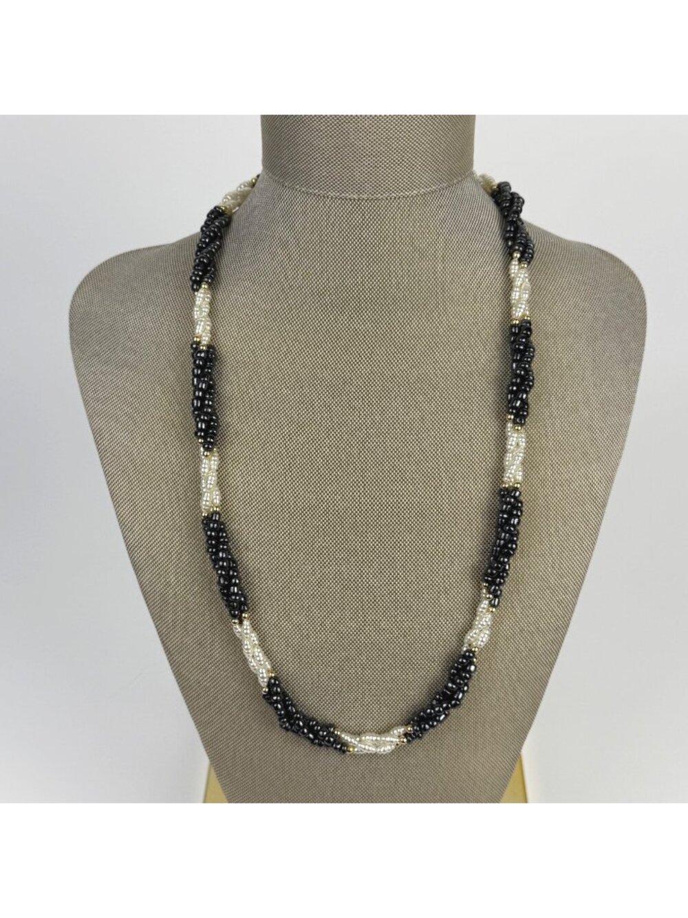 Vintage Rice Pearl & Black Seed Bead Necklace 3-Strands Twisted Gold Accent Bead